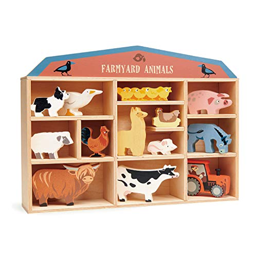 Tender Leaf Toys - Farmyard Animals 13 Wooden Country Farm Figurines with a Display Shelf for Age 3+