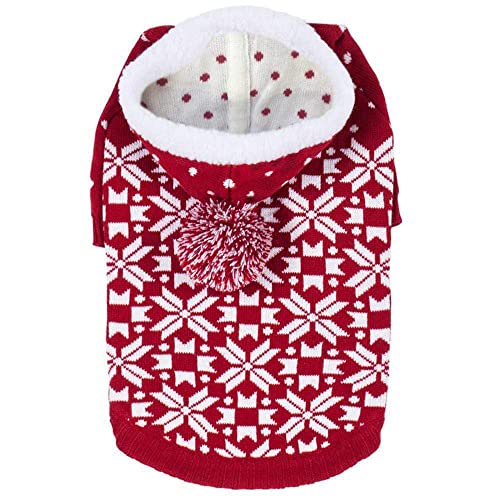 Blueberry Pet Let It Snow Classic Ugly Christmas Holiday Snowflake Pullover Hoodie Dog Sweater in Red and White, Back Length 10", Pack of 1 Clothes for Dogs