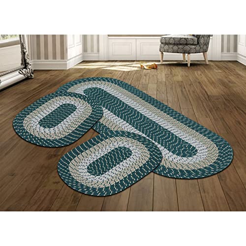 Better Trends Country Braid Collection 3 Piece Set Durable & Stain Resistant Reversible Indoor Oval Area Rug 100% Polypropylene in Vibrant Colors, 20"x30"/20"x30"/24"x72", Hunter Stripe