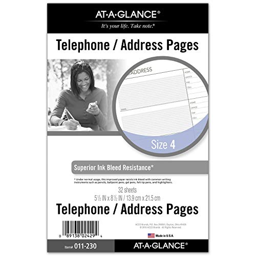 ACCO (School) AT-A-GLANCE Day Runner Telephone and Address Pages, Refill, Loose-Leaf, Undated, for Planner, 5-1/2" x 8-1/2", Size 4, 32 Sheets/Pack (011-230)