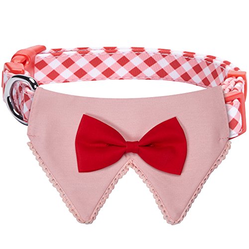 Blueberry Pet 5 Patterns Modern Pink Plaid Adjustable Dog Bandana Collar with Bow Tie, Small, Neck 12"-16"