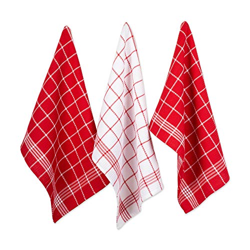 DII Design Waffle Weave Kitchen Collection 100% Cotton, Machine Washable, Fast Drying and Absorbent, Dishtowel Set, Red 6 Count