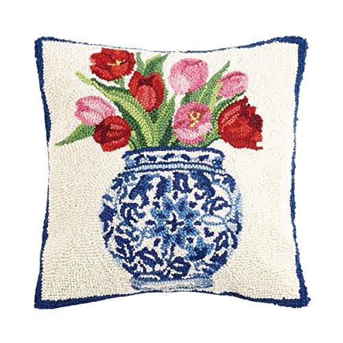 Peking Handicraft 30SER515AC16SQ Chinoiserie Vase Tulips Hook Pillow, 100% Wool and Cotton
