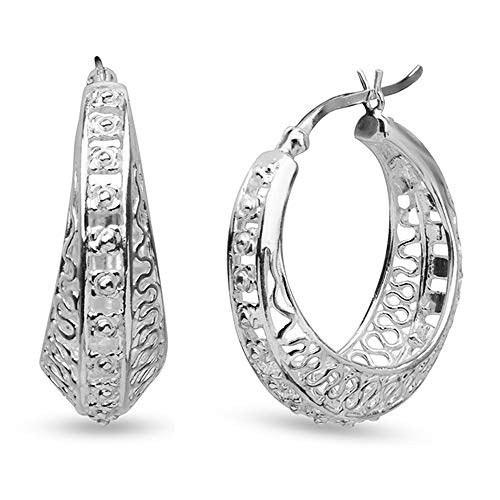 LeCalla Sterling Silver Jewelry Filigree Click-Top Hoop Earrings for Women Teen 25MM