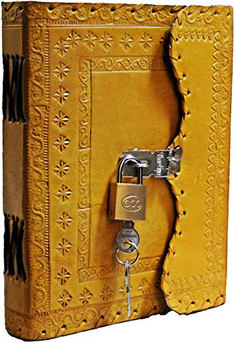 TUZECH Leather Journal for Men and Women Leather Diary to Write Poems,Sketchbook, Record Keeping Notebook Personal Memoir with Lock and Key - Unlined (Yellow)