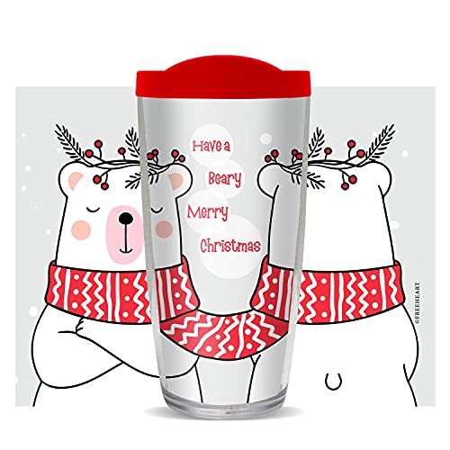 FREEHEART Holly Beary Christmas 22oz Tumbler with Red Lid