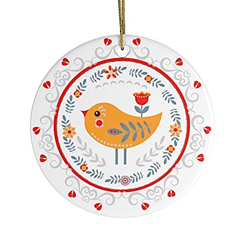 OrnamentallyYou Scandinavian Folk Themed Christmas Ornaments (Scandinavian Yellow Bird Christmas Ornament, Ethnic Floral Pattern, Folk Illustration)