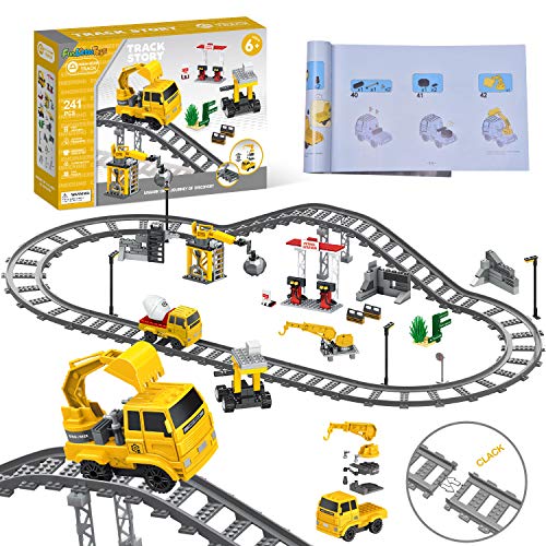 FUN LITTLE TOYS 241 Piece Tracks Building Blocks with Construction Trucks, Train Tracks, Party Favors for Kids, Educational STEM Toys Birthday Gifts for Boys & Girls