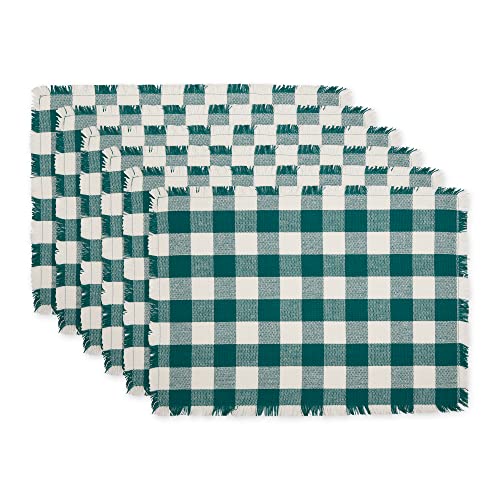 DII Design Heavyweight Fringed Check Tabletop Collection, Placemat Set, 13x19, Teal, 6 Piece