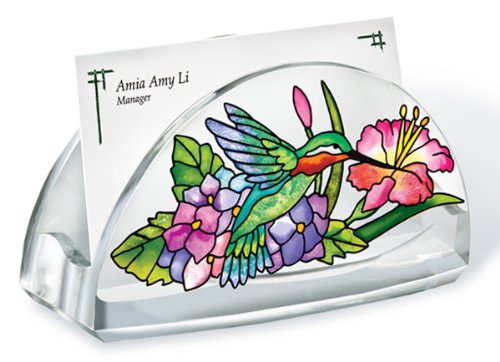 Amia 5774 Hand Painted Acrylic Business Card Holder Featuring a Hummingbird Design, 4-Inch