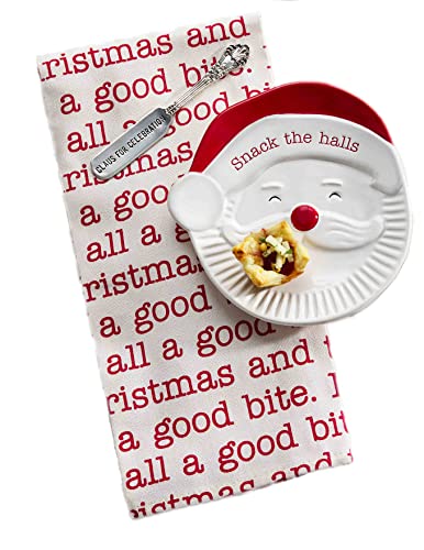 Mud Pie Circa Christmas Appetizer Set, dish 6.5"x6.5"towel26"x16.5", Santa Claus
