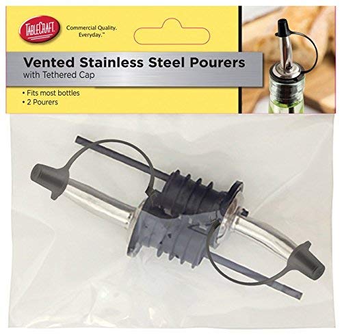 Tablecraft H599PTC2 Stainless Steel Pourers with black Tethered Cap, (2 Pack), Silver