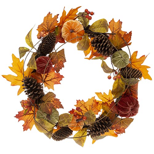 Boston International Fall Wreath for Front Door and Wall Autumn Thanksgiving Decorations, 20-Inches, Velvet Pumpkin