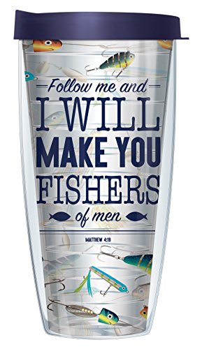 Freeheart Signature Tumblers FIshers of Men Tackle Wrap on Clear 22 Ounce Double-Walled Travel Tumbler Mug with Navy Blue Easy Sip Lid