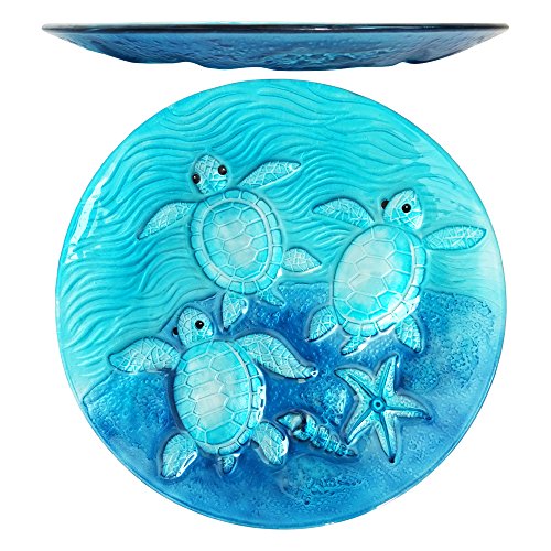 Comfy Hour Under The Sea Collection 13" Decorative Three Turtles Sea Snail Conch Starfish Pattern Glass Plate, Dishwasher Safe, Blue