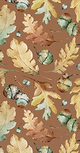 Boston International IHR 3-Ply Guest Towel Buffet Fall Autumn Halloween Thanksgiving Paper Napkins, 16-Count, Acorns And Leaves- Brown