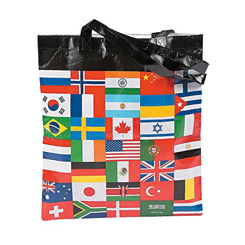 Fun Express International Flags Reusable Tote Bags (Bulk Set of 12)