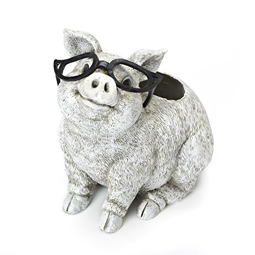 Roman Exclusive White Pig Wearing Silly Black Spectacles Planter, 9.5-Inch, Made of Dolomite/Resin