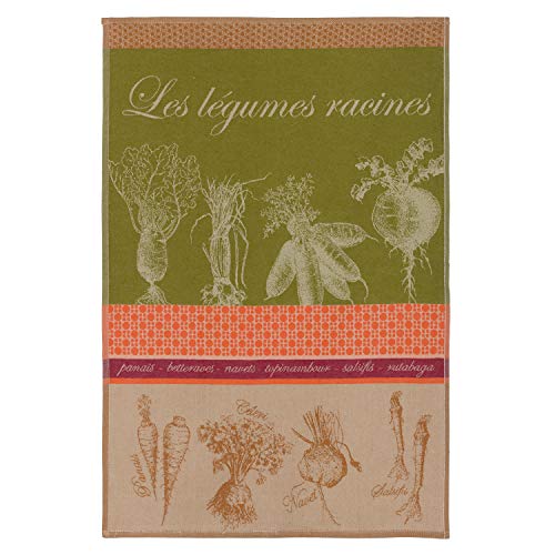 Coucke French Cotton Jacquard and Honeycomb Weave Towel, Legumes Racines (Root Vegetables), 20 by 30 Inches, Green