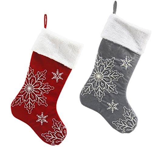 Comfy Hour Holiday Home Collection 18"x11" Christmas Winter Snowflake Stocking, Red and Gray, Set of 2, Polyester