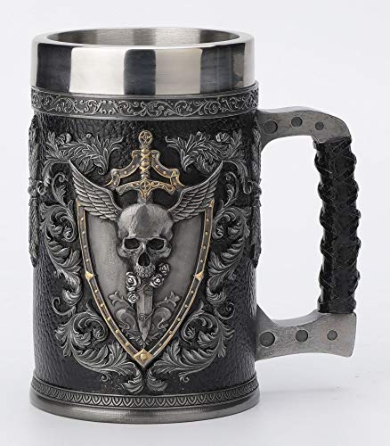 Unicorn Studio Veronese Design 6 1/4 Inch Teutonic Winged Skull Crest Beer Stein Cold Cast Resin Pewter Finish Statue Home Decor
