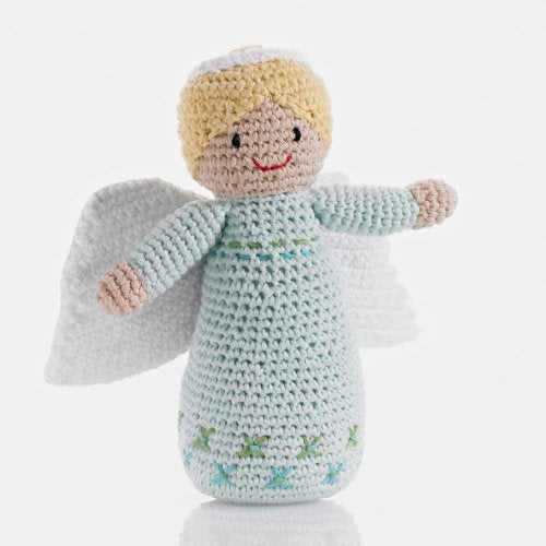 Pebble | Handmade Angel Rattle - Pale Green | Crochet | Fair Trade | Pretend | Imaginative Play | Christmas | Holiday | Machine Washable