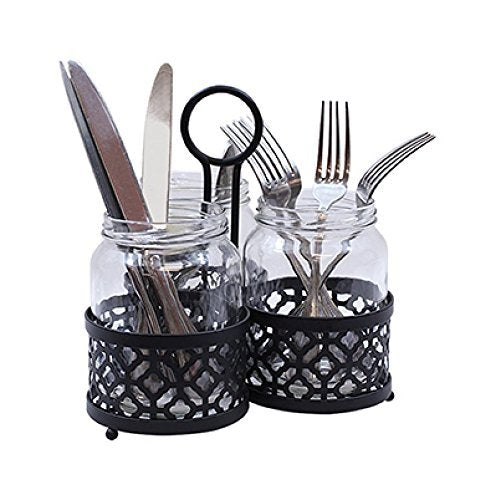 TableCraft Farmhouse Collection Mason Jar Cutlery Holder Set, Includes: (4) 22 oz Glass Jars and Black Powder Coated Rack (Cutlery not included)