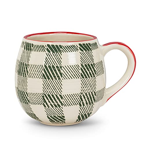 Abbott Collection  27-BALLON-02-GRN Plaid Ball Mug, Green/Ivory