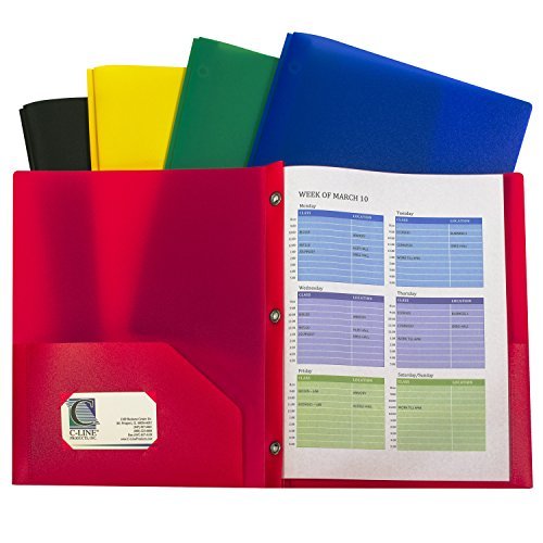 C-Line Two-Pocket Heavyweight Poly Portfolio with Prongs, for Letter Size Papers, Includes Business Card Slot, Assorted Colors, 10 Pack (32960)