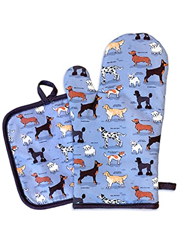 Living Royal 100% Cotton Oven Mitt and Potholder Set - Decorative Dog Gift Set of 1 Pocket Pot Holder Plus 1 Oven Mitts Potholder Ideal for Cooking, Baking or Microwave