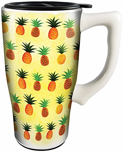 Spoontiques 12803 Pineapples Ceramic Travel Mug, Yellow/White