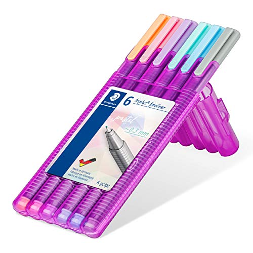 Staedtler triplus fineliner, Super Fine Triangular Pens 0.3mm, Includes Easel Case for Home & Travel, 6 Pastel Colors, 334 SB6 PA