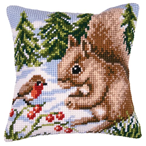 Vervaco Cross Stitch Embroidery Kits Pillow Front for Self-Embroidery with Embroidery Pattern on 100% Cotton and Embroidery Thread, 15,75 x 15,75 Inches - 40 x 40 cm, Squirrel