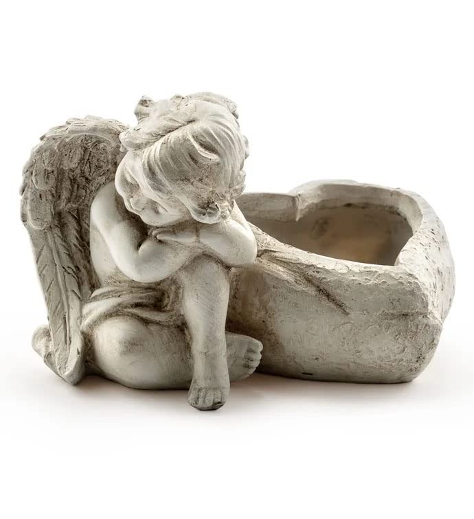 Napco Sitting Cherub Heart Grey 4 x 6.25 Resin Planter