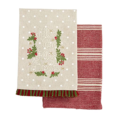 Mud Pie Christmas Embroidery Towel Set, All is Calm, 21" x 14", Cotton