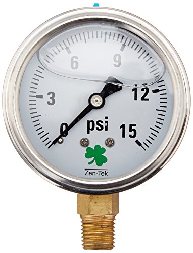 Zenport LPG15 Zen-Tek Glycerin Liquid Filled Pressure Gauge, 15 PSI