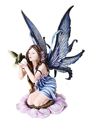 Pacific Trading PTC 14.25 Inch Blue Winged Fairy with Humming Bird Statue Figurine