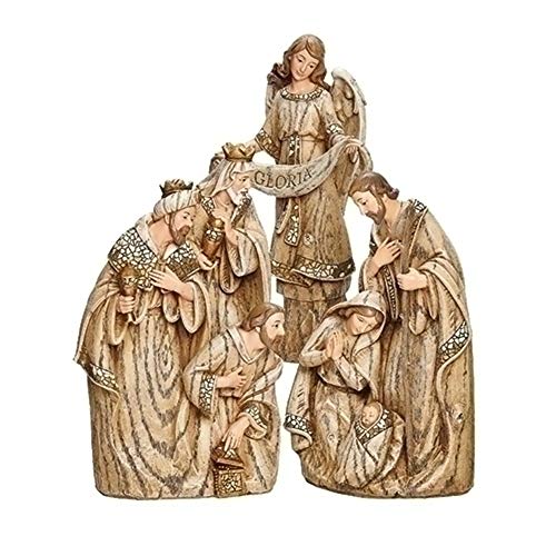 Roman 633300 Holy Family Angel and 3 Kings Mosaic Wood Carved Set of 3, 10 inch, Brown