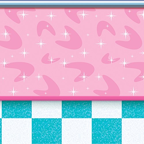 Beistle Plastic 50s Theme Photography Backdrop Retro 1950s Rock and Roll Photo Booth Background Soda Shop Diner Sock Hop Party Decorations, 4' x 30', Multicolored