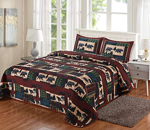 De Leon Collections LL Home Patchwork Bear Quilt Bedding Set, King Size (108"x90")