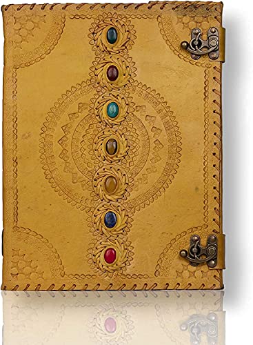 TUZECH Seven Chakra Medieval Stone Embossed Handmade Jumbo Leather Journal Book of Shadows Notebook Office Diary College Poetry Sketch (Yellow, 10 x 7 Inches)