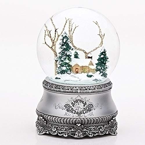 Roman 5.5" Cottage with Tree Glitter Silver Base 100mm Dome Plays I&