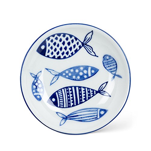 Abbott Collection  27-BLUEFISH-032 Round Shallow Dish, 4" Diameter, White and Blue