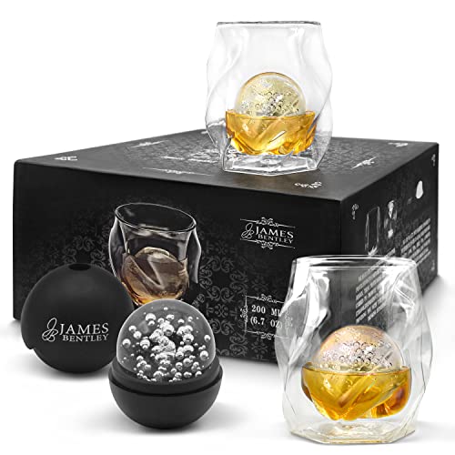 James Bentley Glass Whiskey Glasses set+FREE Ice Ball Molds; Double wall glass for whisky glass set, for Drinking Scotch, bourbon, Luxury Gift Set 5.9Oz