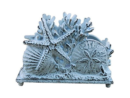 Hampton Iron Rustic Dark Blue Whitewashed Cast Iron Seashell Napkin Holder 7 Inch - Seashell Decoration - Beach Kitchen