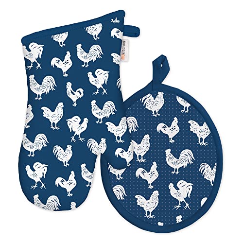 M√úkitchen Oven Mitt and Potholder are 100% Cotton | Durable and Heat Resistant Cooking and Kitchen Accessories for Handling Hot Pans and Pots | Coordinating Set of 2 Each | Blue Rooster