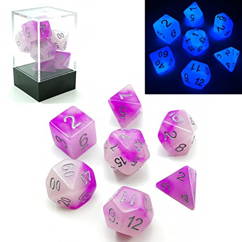 Bescon Dice Two Tone Glowing Polyhedral Dice 7pcs Set Frosty Amethyst, Luminous RPG Dice Glow in Dark, DND Role Playing Game Dice