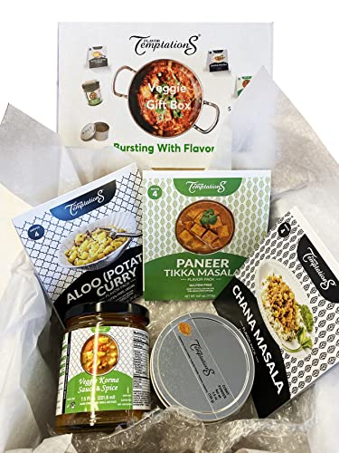 Flavor Temptations Indian Vegetarian Food Cooking Gift Set | 3 Cook-from-Scratch Spice kits make Chana Masala, Spicy Potato Curry, Paneer Tikka Masala | 100g 4-spice blend Organic Curry Powder | 7.5 oz Veggie Korma Curry Sauce | For Foodie or Beginner
