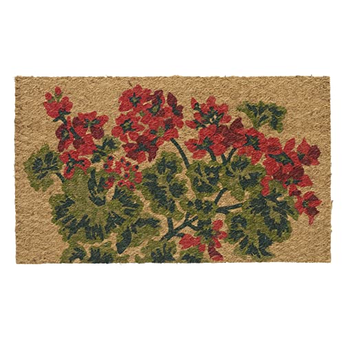 Larry Traverso Low Profile Geranium Flatweave Doormat, 18 x 30 Inches, 100% Coir, Naturally Durable, Anti-Slip Backing, Sustainable, Garden Flower Design