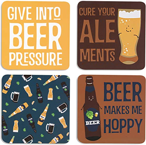 Pavilion Gift Company Beer Sentiment, Pattern and Character Holder-4 Inch 4" (4 Piece) Coaster Set with Box, Square, Multicolor